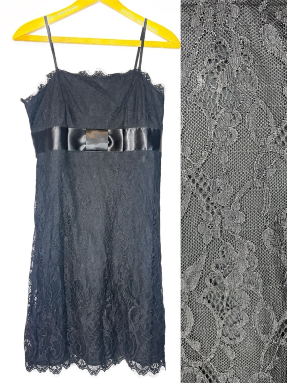 Vintage INC Black Lace Spaghetti-Strap Empire Waist Dress with Satin Bow -8P-